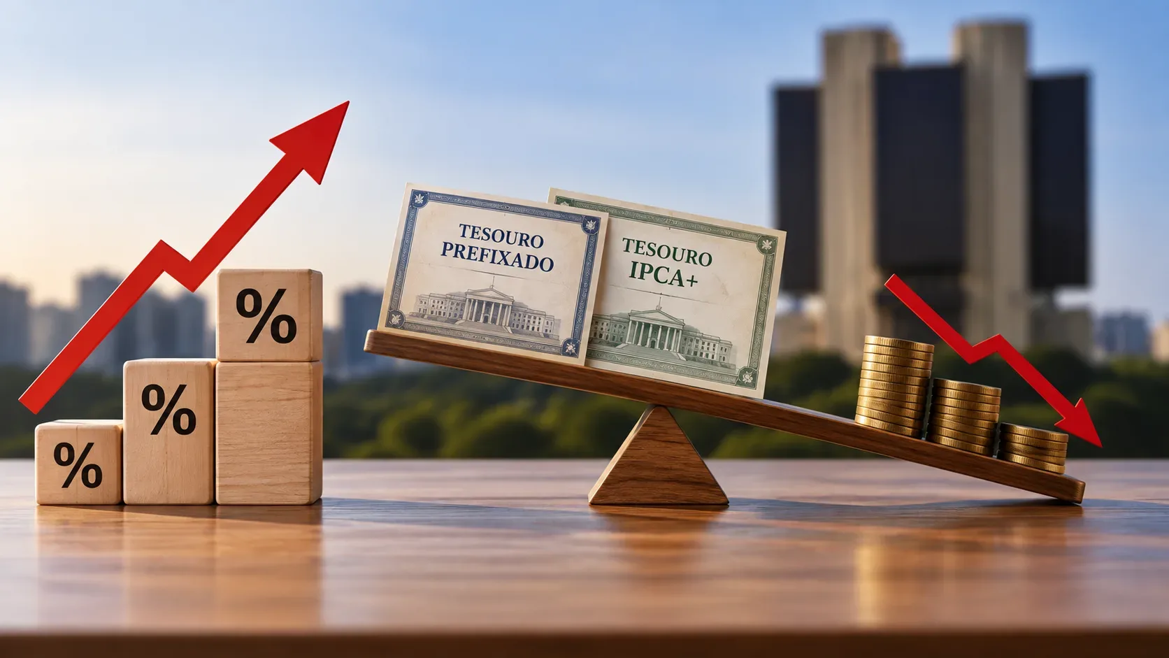 Balança de madeira com certificados de Tesouro Prefixado e Tesouro IPCA+, blocos de porcentagem e setas opostas entre alta de taxas e queda de moedas.