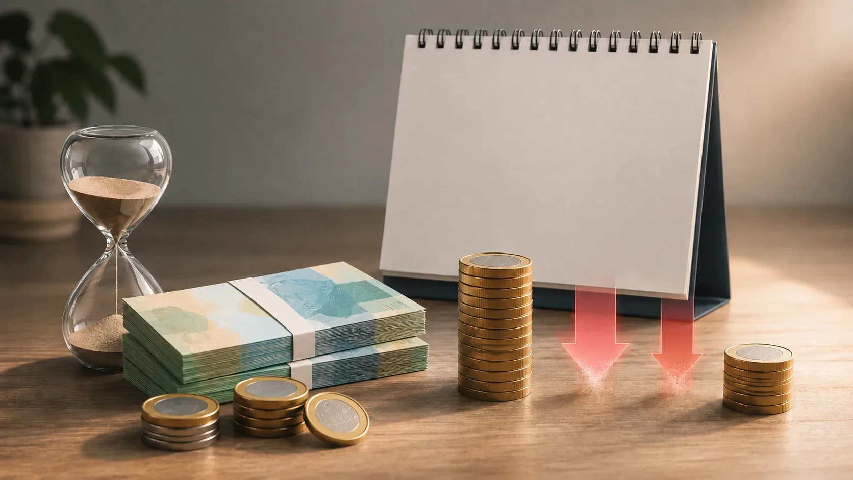 Ampulheta, calendário de mesa em branco, maços de cédulas e pilhas de moedas com duas setas vermelhas para baixo indicando redução do rendimento.