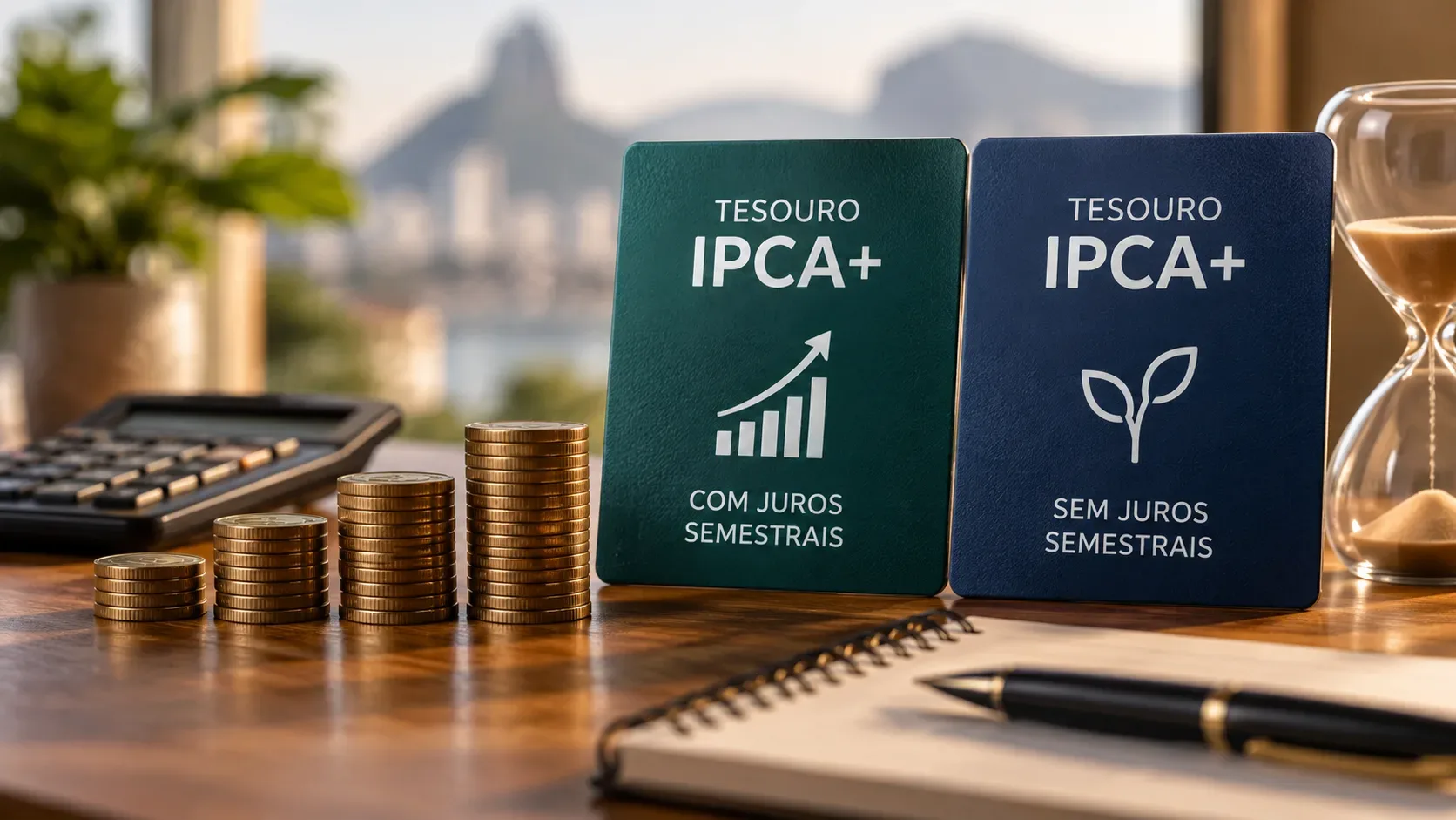 Pilhas de moedas ao lado de dois cartões Tesouro IPCA+, um com juros semestrais e outro sem, com calculadora, caderno e ampulheta ao redor.
