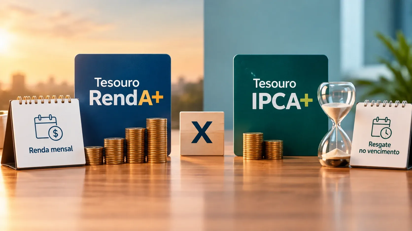 Dois frascos de vidro com moedas representam Tesouro RendA+ e Tesouro IPCA+, com calendário, gráfico de alta e bandeira do Brasil ao fundo.