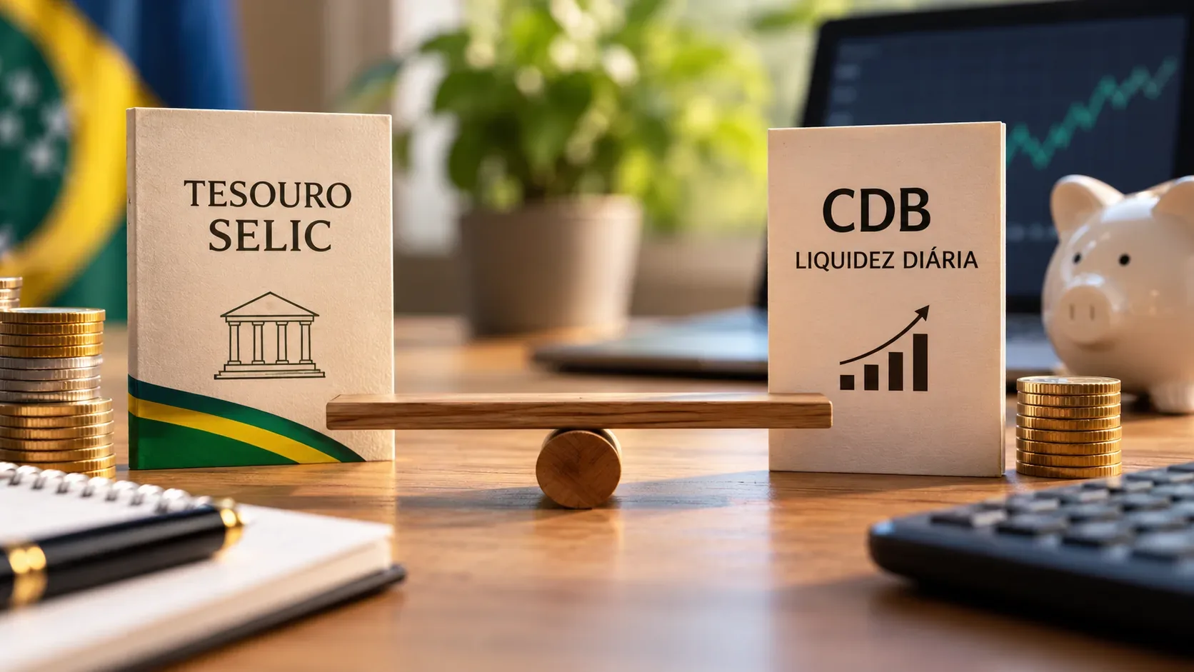 Balança de madeira entre cartões de Tesouro Selic e CDB com liquidez diária, cercada por moedas, calculadora e cofrinho sobre uma mesa.