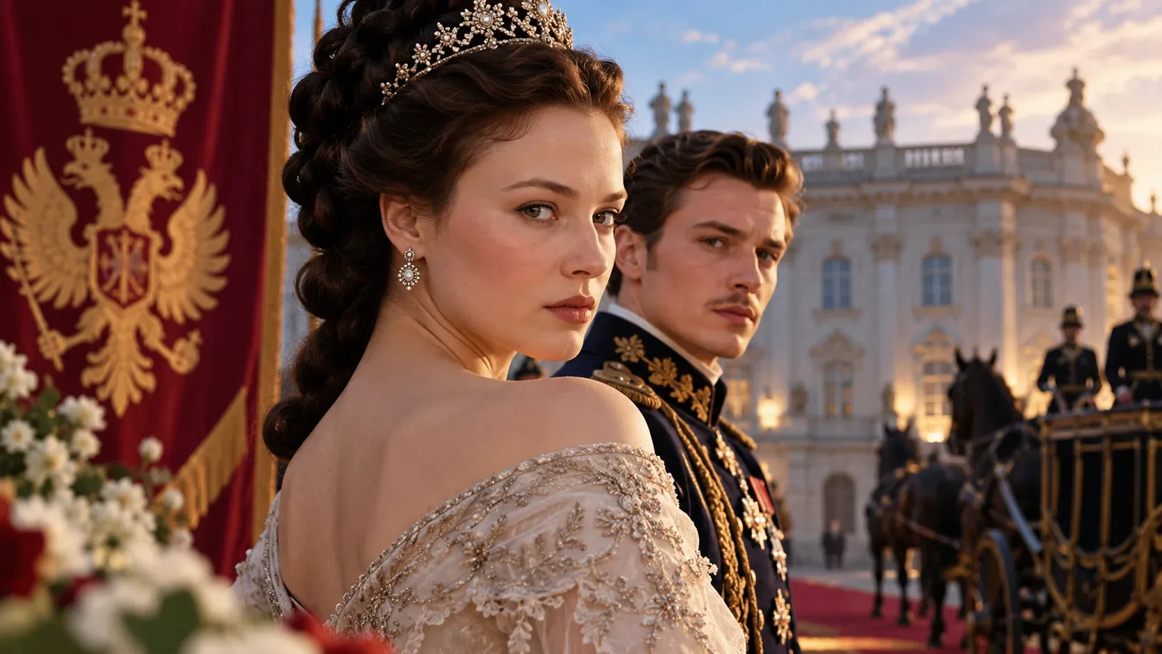 Jovem imperatriz com tiara e vestido claro diante de um palácio, acompanhada por um imperador em uniforme cerimonial, carruagem e guardas ao fundo.