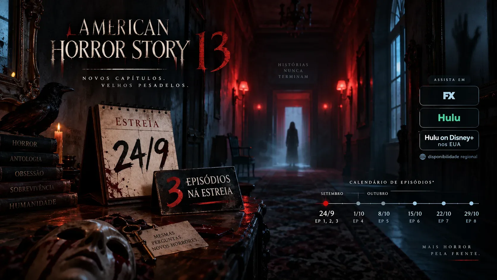 Corredor sombrio em vermelho e azul com calendário marcando 24/9, destaque para três episódios na estreia, plataformas FX, Hulu e Hulu on Disney+ e linha do tempo até outubro.