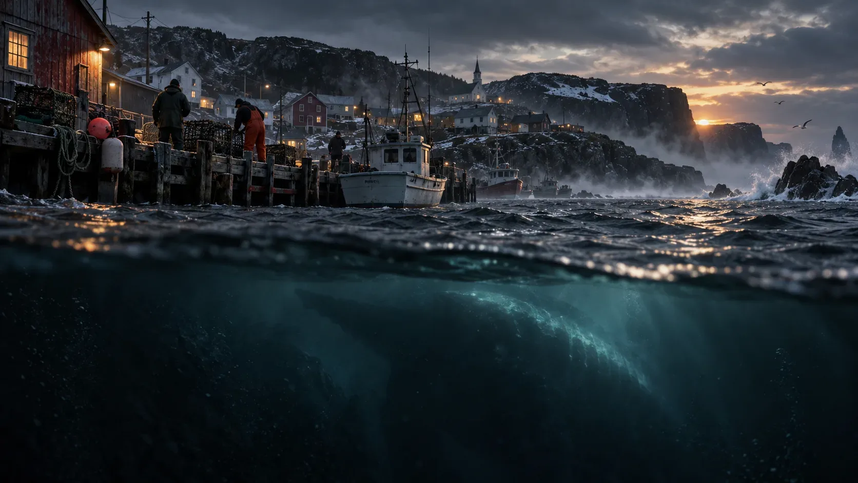 Vilarejo pesqueiro rochoso ao entardecer, com barcos e pescadores no cais e uma grande silhueta marinha sob as águas escuras.