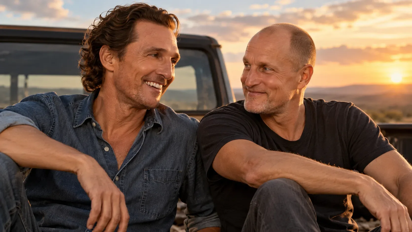 Matthew McConaughey e Woody Harrelson sentados lado a lado diante de uma caminhonete ao pôr do sol, sorrindo um para o outro.