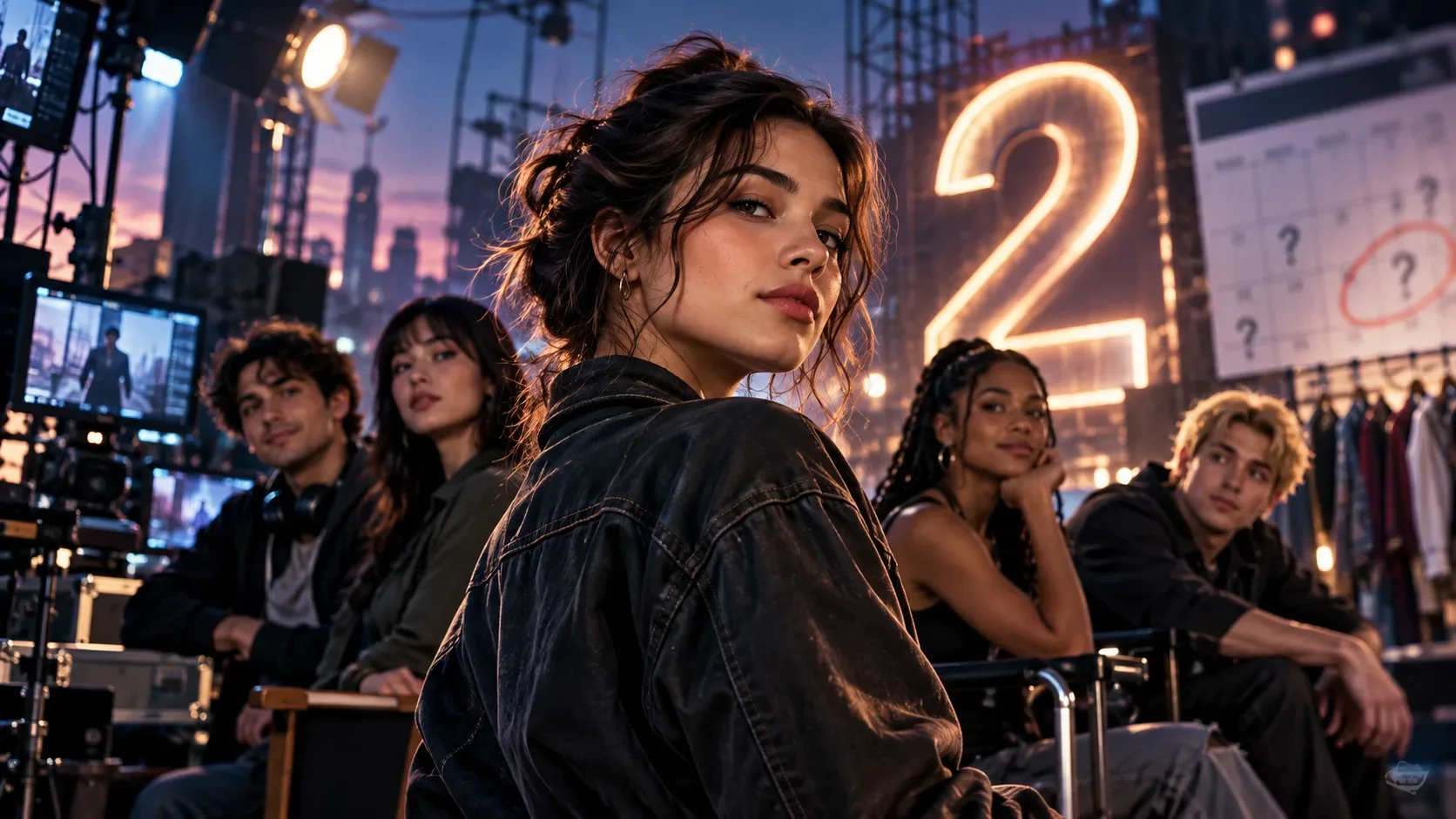 Jovem mulher em primeiro plano em um set de filmagem, com elenco ao fundo, um número 2 iluminado e um calendário desfocado com pontos de interrogação.