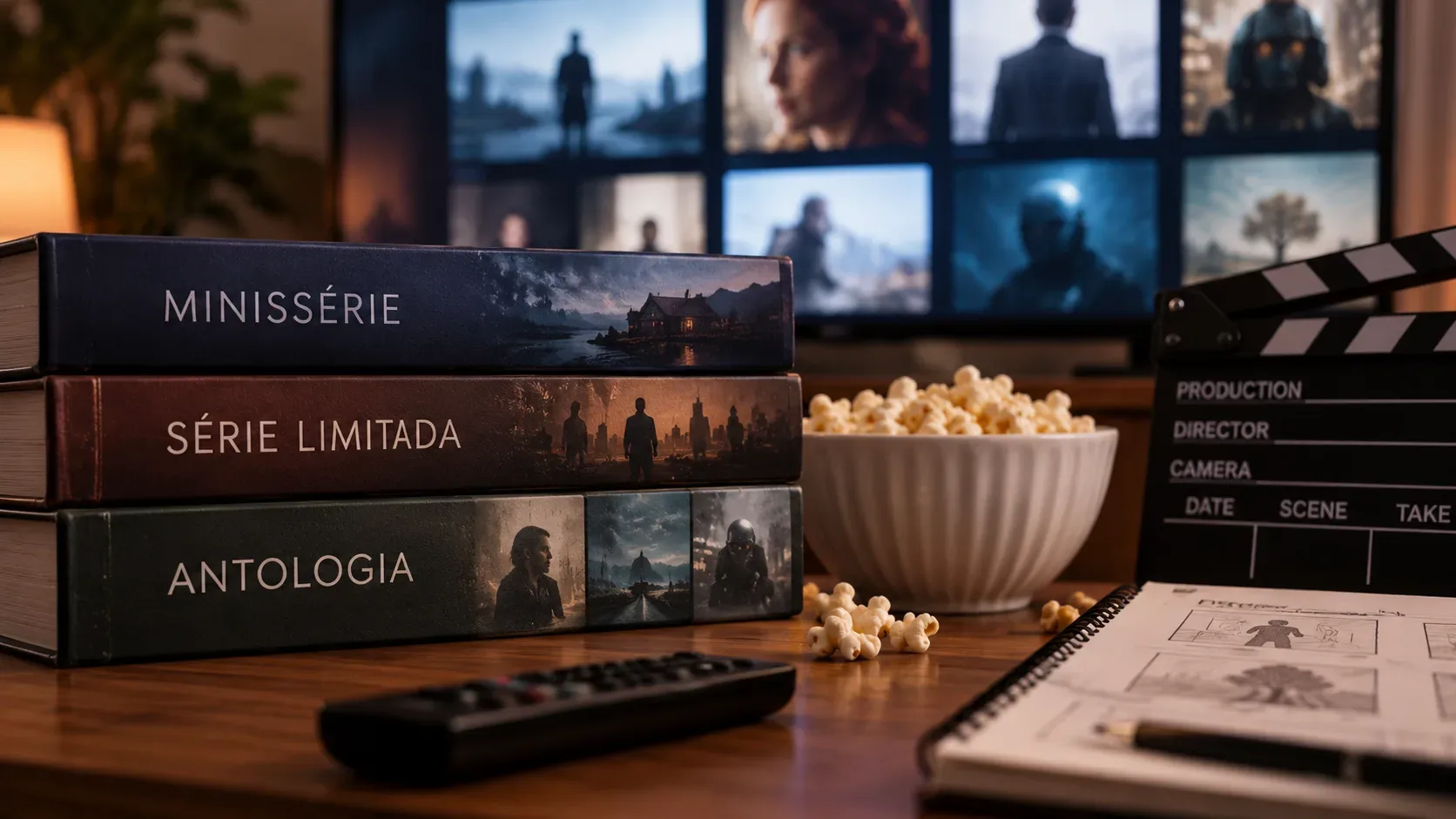 Três volumes empilhados com os rótulos “Minissérie”, “Série Limitada” e “Antologia” diante de uma TV, pipoca, controle remoto e claquete.