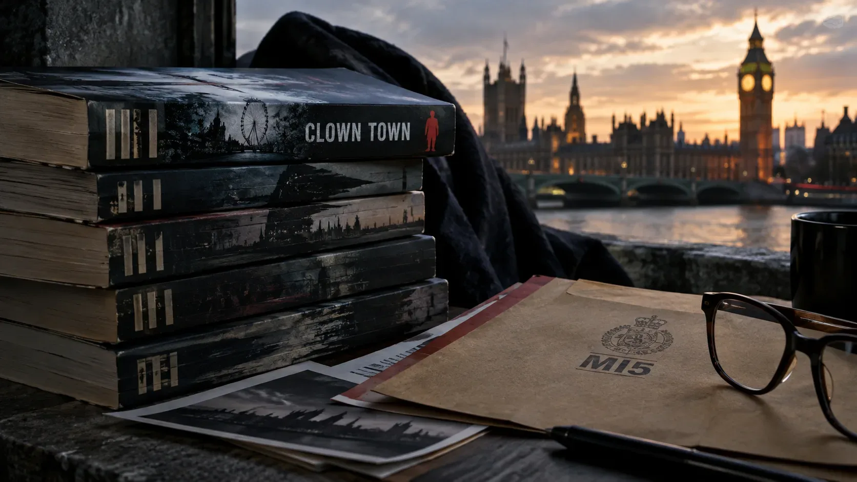 Pilha de livros de espionagem com Clown Town em destaque, dossiê do MI5, óculos e o Parlamento britânico ao fundo ao entardecer.