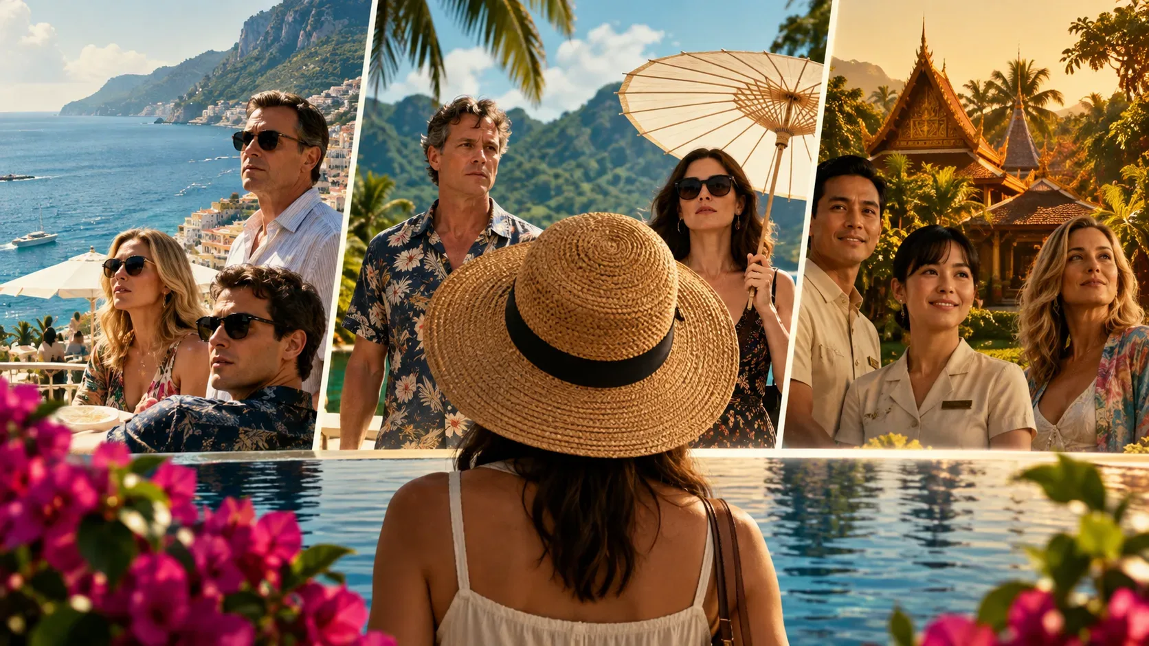 Mulher de chapéu diante de uma piscina observa três cenários de resorts de luxo com grupos de hóspedes em paisagens costeiras e tropicais.