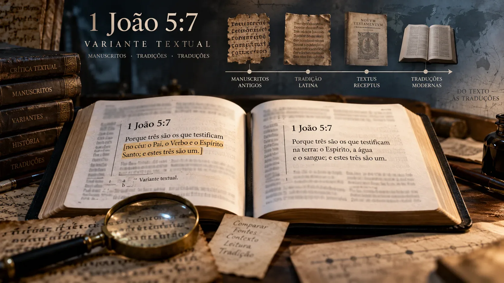 Duas Bíblias abertas comparadas sobre uma mesa, com manuscritos antigos, lupa e uma linha do tempo visual que liga tradição manuscrita, Textus Receptus e traduções modernas.