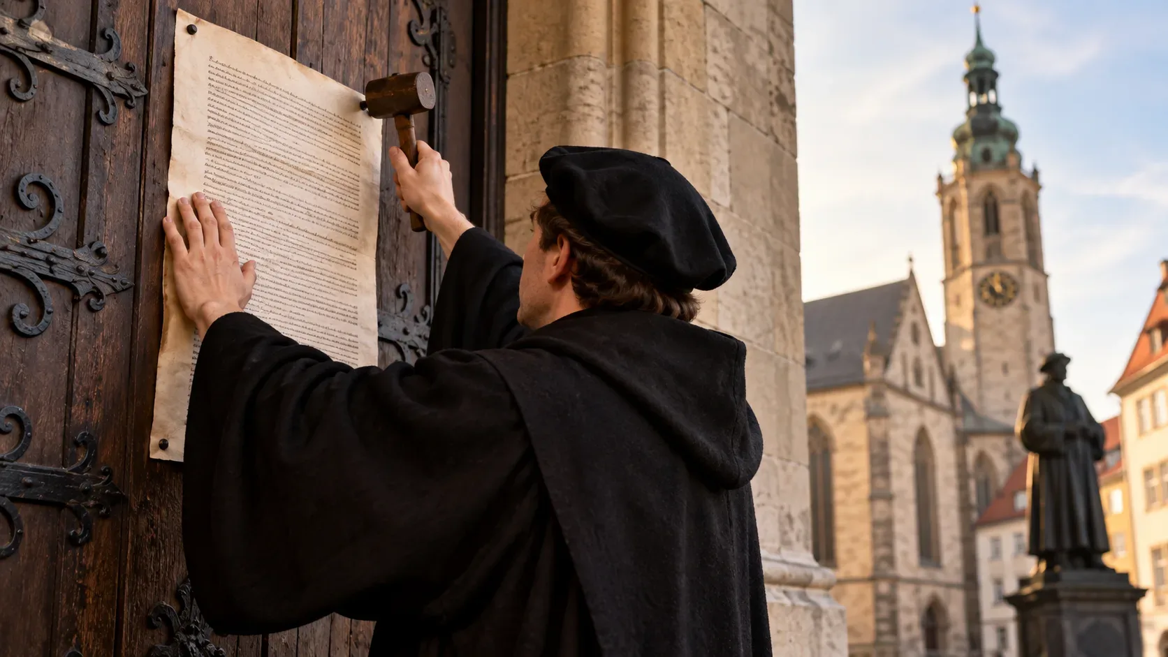 Homem vestido como monge do século XVI fixa um pergaminho em uma grande porta de madeira de igreja, com torre histórica ao fundo.