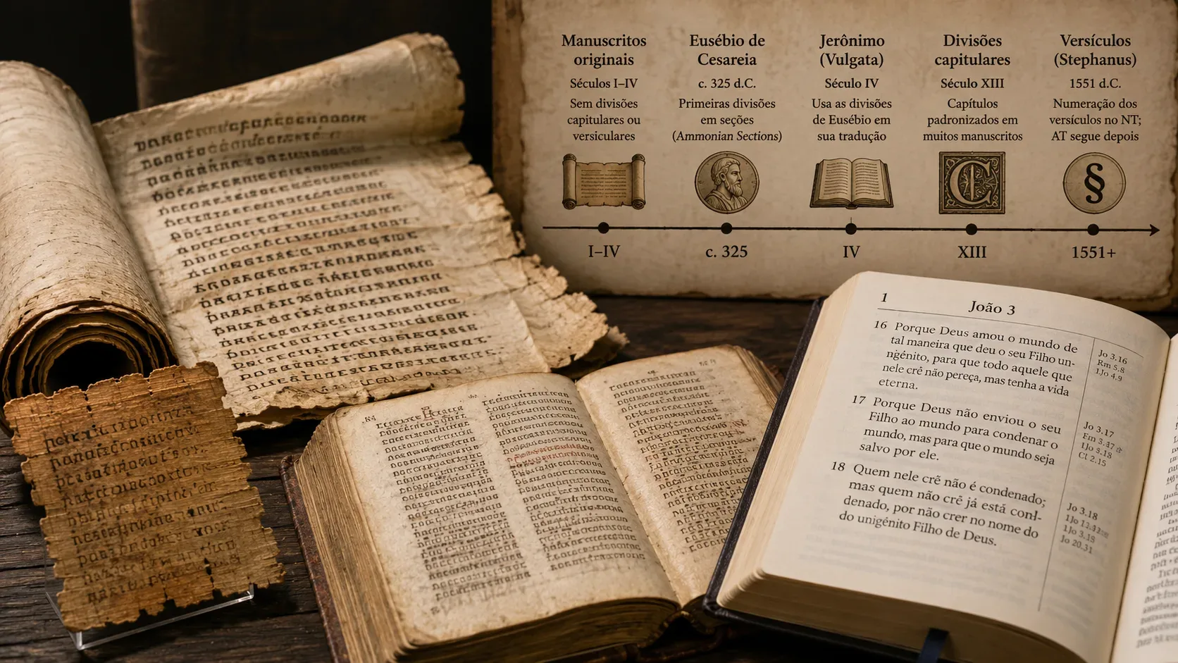 Manuscritos bíblicos antigos e uma Bíblia moderna aberta diante de uma linha do tempo em pergaminho sobre a evolução de capítulos e versículos.