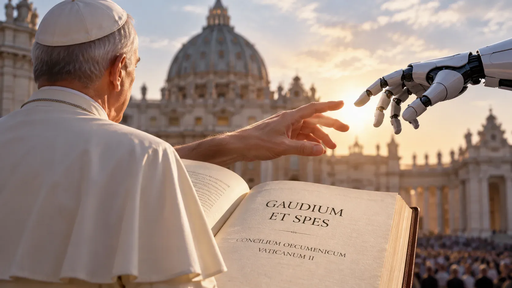 Pontífice de branco diante de um livro aberto com Gaudium et spes, enquanto uma mão humana se aproxima de uma mão robótica diante da Basílica de São Pedro.