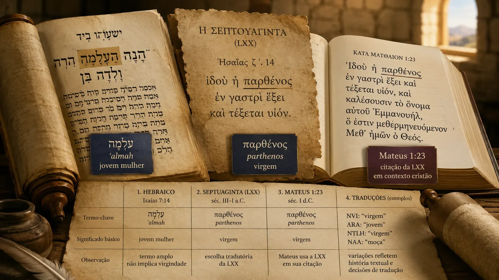 Manuscritos abertos com texto hebraico e grego, um livro de Mateus e uma tabela comparando ʿalmah, parthenos e traduções de Isaías 7:14.