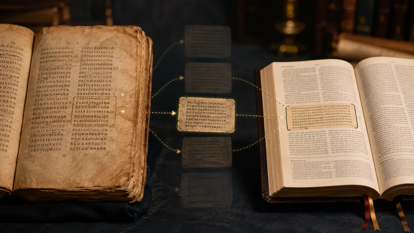 Manuscrito antigo e Bíblia moderna ligados por blocos de texto em posições alternativas, sugerindo a transmissão variável de João 7:53–8:11.