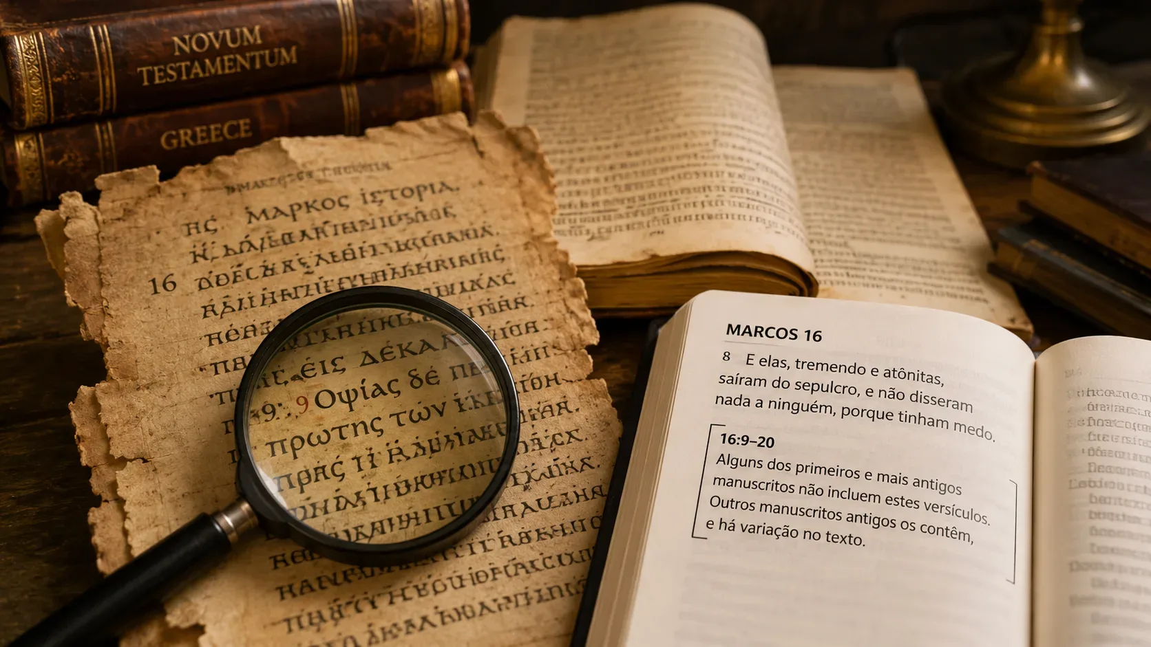 Manuscrito grego antigo sob uma lupa ao lado de uma Bíblia aberta em Marcos 16 com nota sobre a variação dos versículos 9–20.