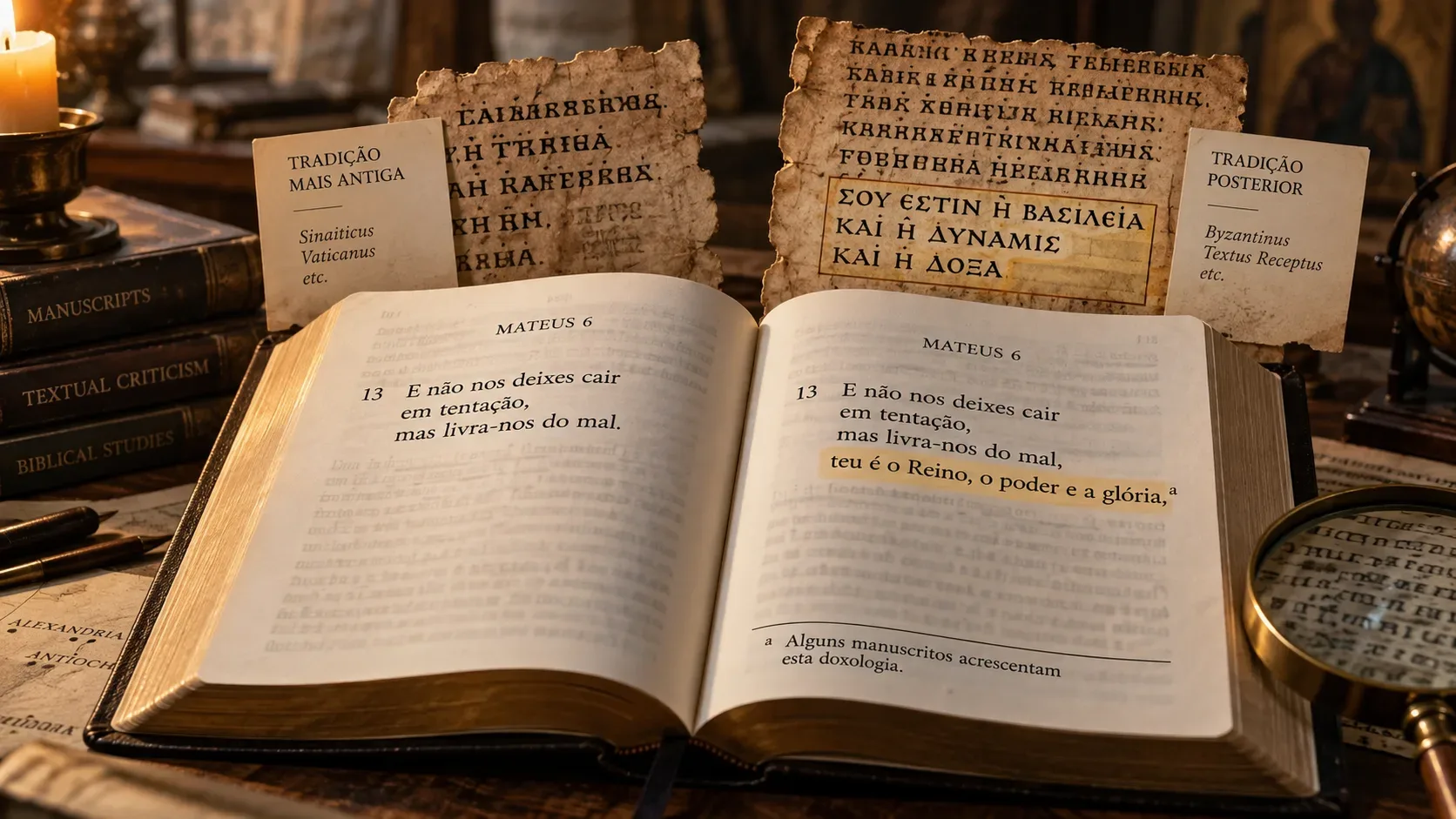 Bíblia aberta em Mateus 6 sobre uma mesa de estudo, cercada por fragmentos de manuscritos antigos, notas de comparação textual e uma lupa.