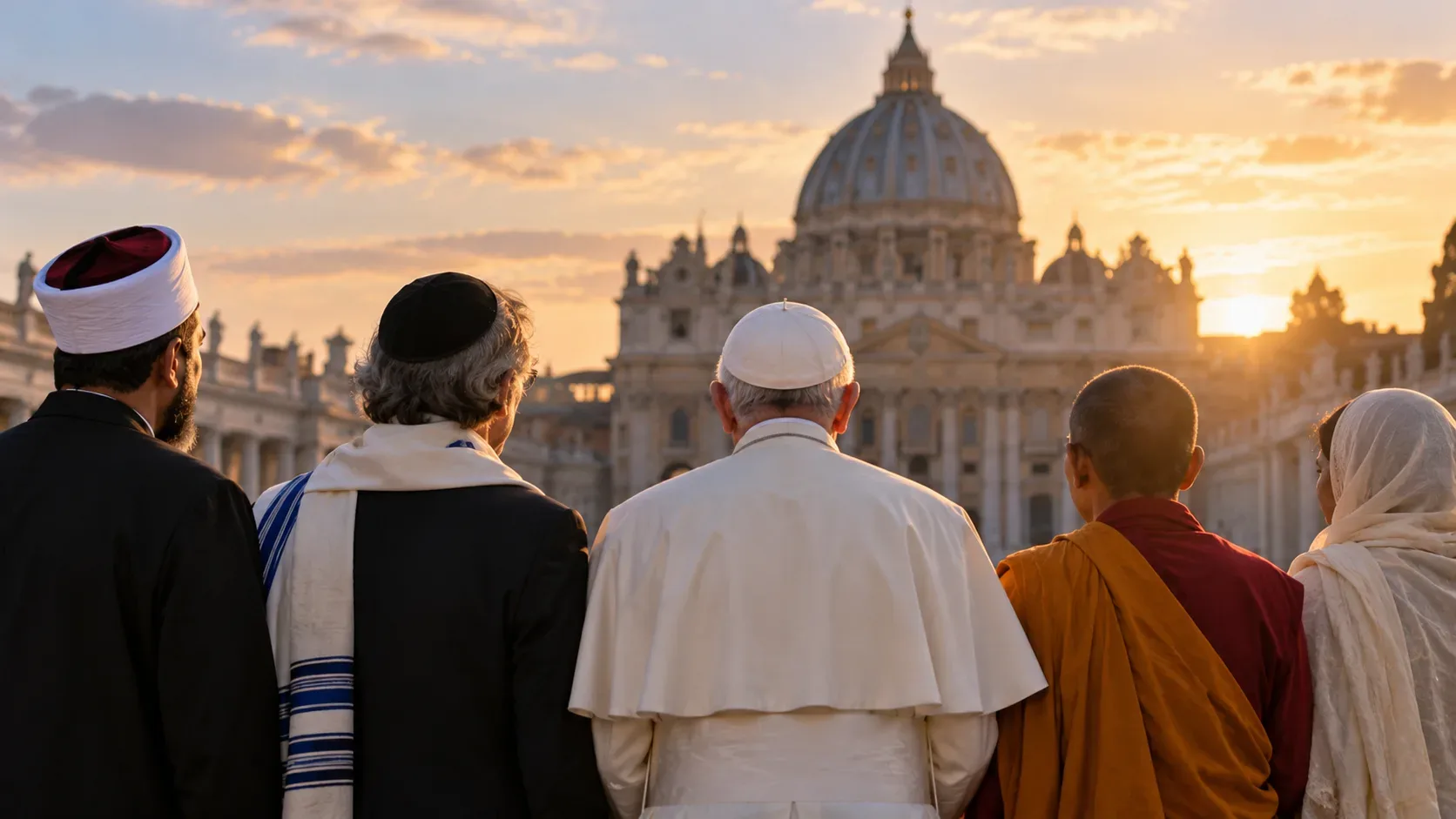 Representantes de diferentes tradições religiosas vistos de costas diante da Basílica de São Pedro ao pôr do sol, simbolizando diálogo inter-religioso.