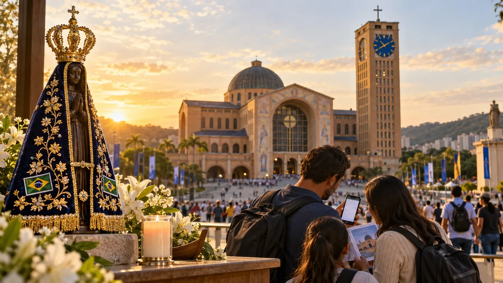 Nossa Senhora Aparecida em primeiro plano, com peregrinos consultando celular e folheto diante do Santuário Nacional ao entardecer.