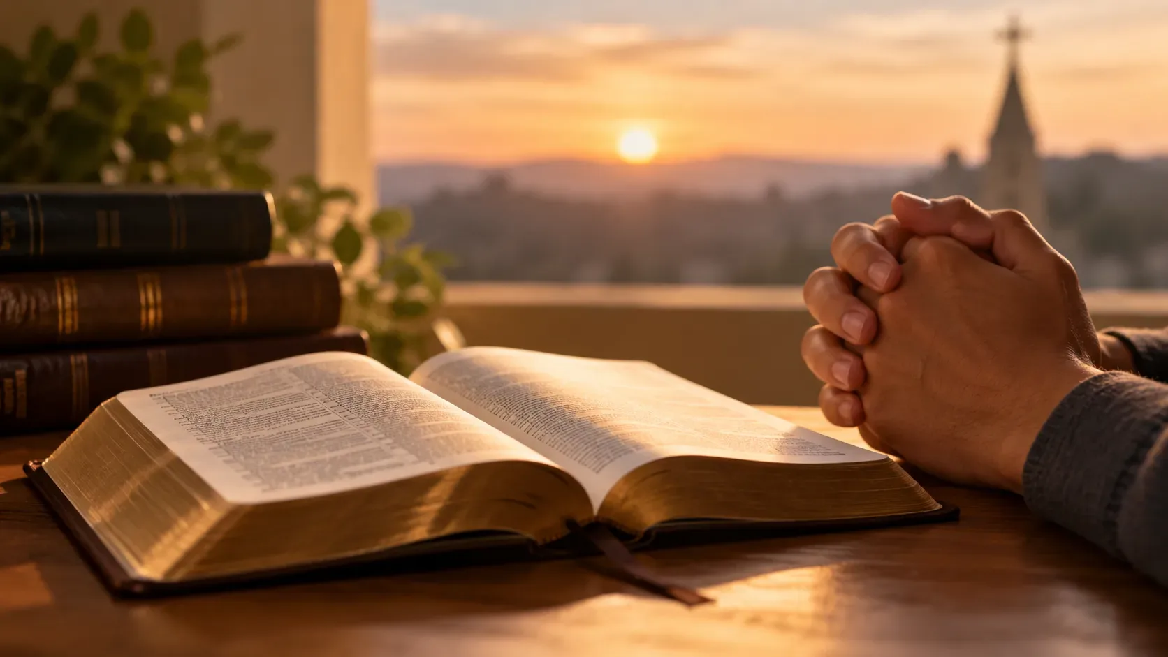 Bíblia aberta sobre mesa de madeira ao pôr do sol, com mãos unidas em oração e torre de igreja desfocada ao fundo.