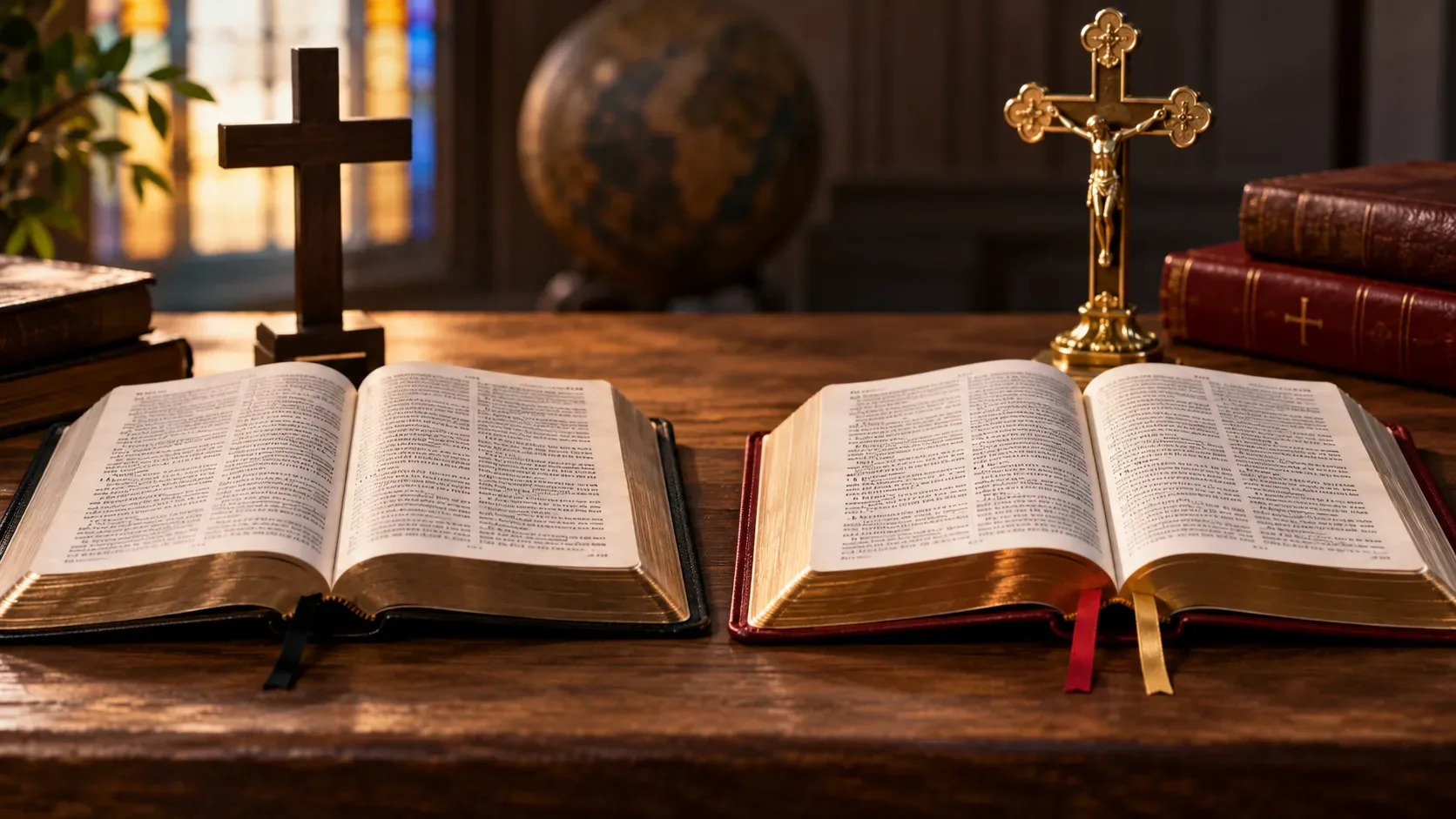 Duas Bíblias abertas sobre uma mesa de madeira, uma ao lado de uma cruz simples e outra diante de um crucifixo dourado, em ambiente de estudo com luz quente.