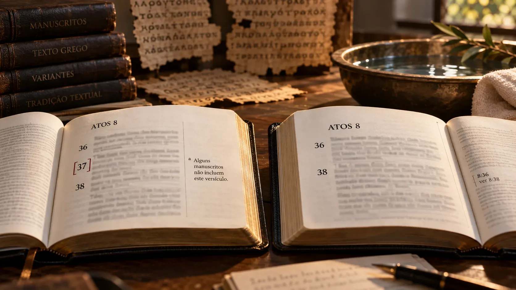Duas Bíblias abertas lado a lado em Atos 8, uma com o versículo 37 marcado e outra saltando do 36 ao 38, com manuscritos e uma bacia de água ao fundo.