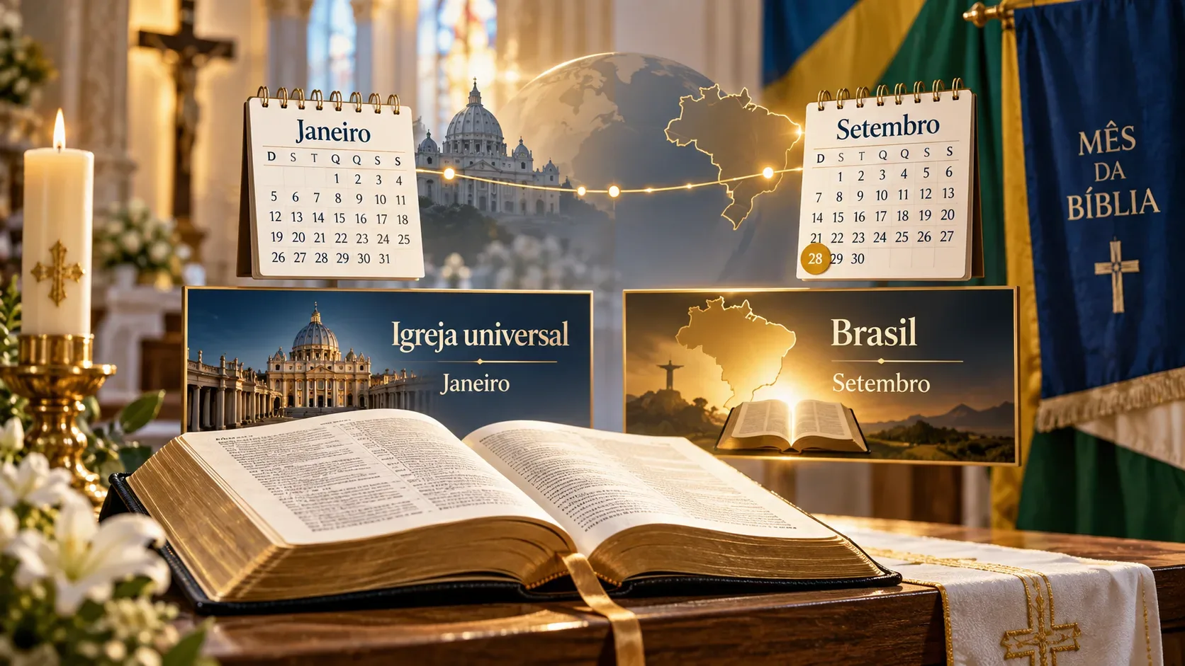 Bíblia aberta diante de calendários de janeiro e setembro, com referências visuais ao Vaticano, ao Brasil e ao Mês da Bíblia.