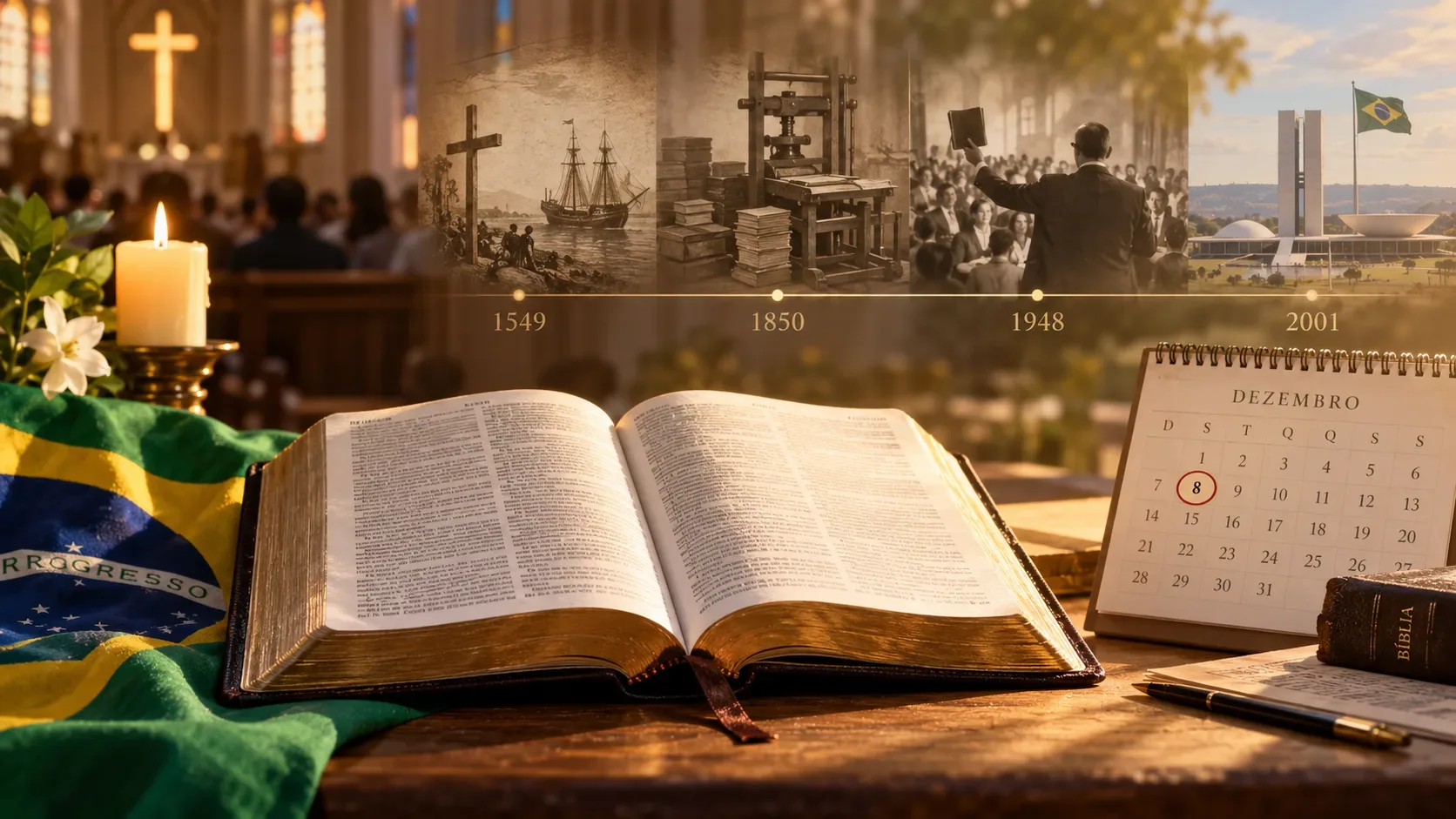 Bíblia aberta sobre mesa com bandeira do Brasil, vela acesa, igreja ao fundo, linha histórica e calendário de dezembro com um domingo destacado.
