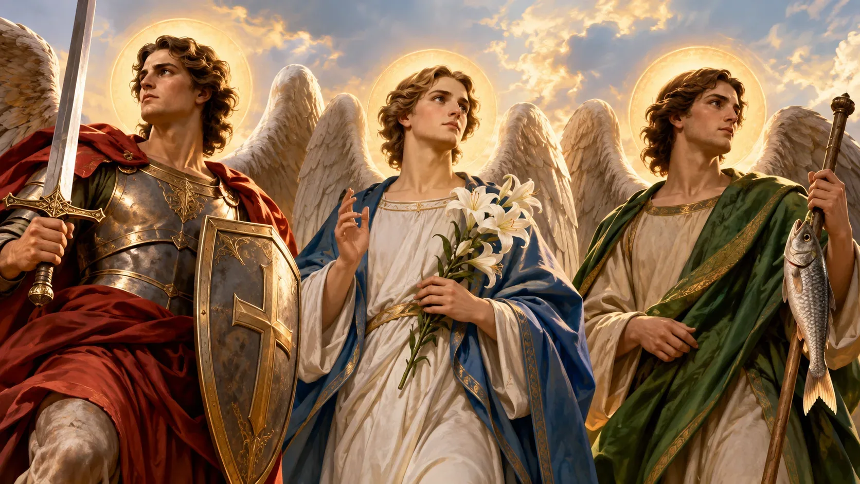 Três arcanjos em cena celestial: um com espada e escudo, outro com lírios e outro com cajado e peixe, sob luz dourada e nuvens.