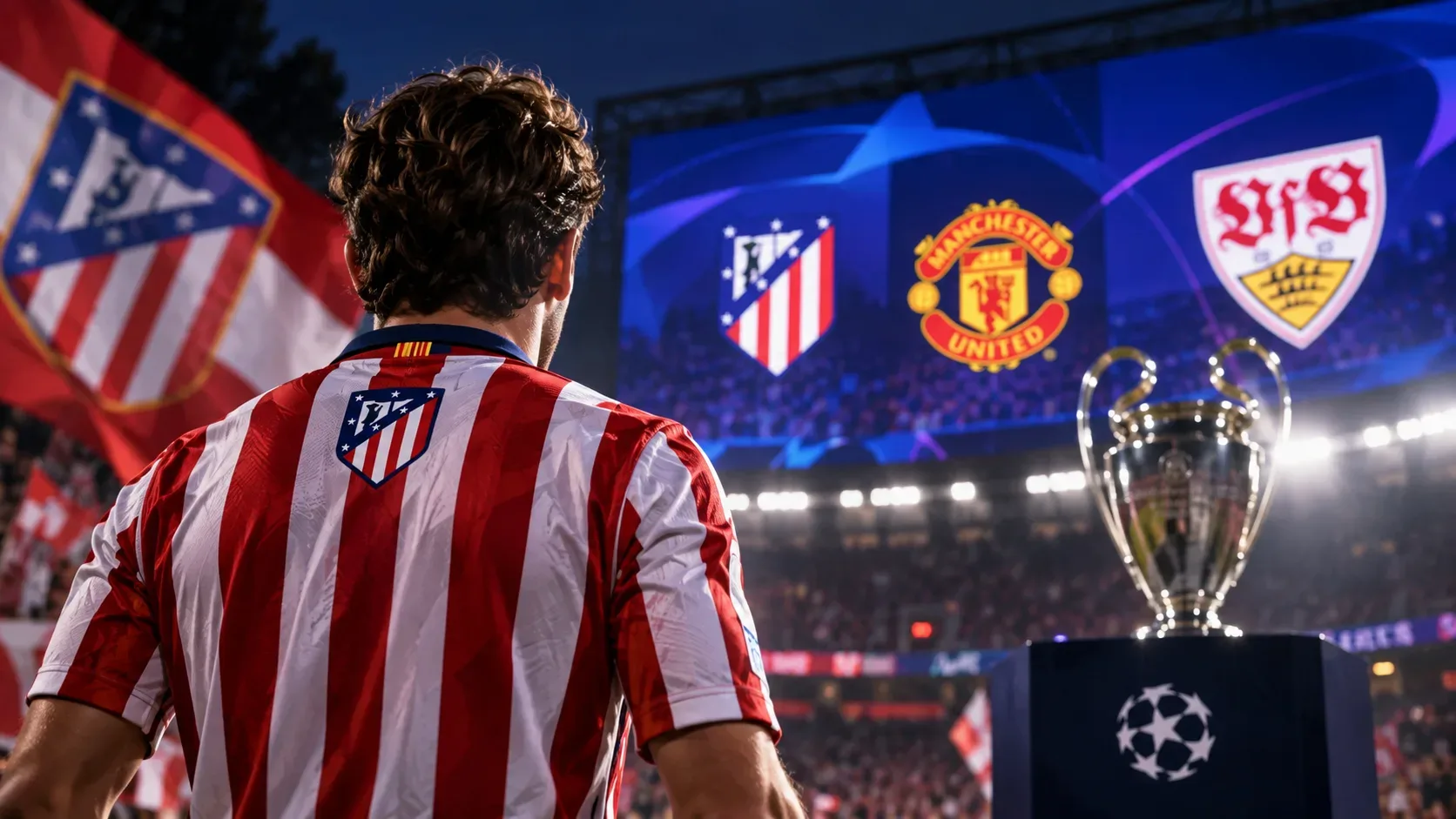 Jogador do Atlético de Madrid de costas em um estádio noturno, com troféu europeu e painéis ao fundo representando Atlético, Manchester United e Stuttgart.
