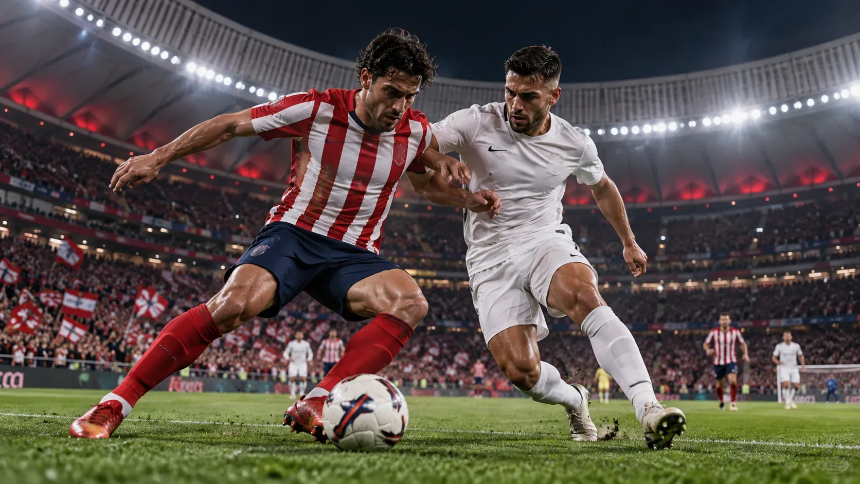 Dois jogadores disputam a bola em um estádio lotado, um com uniforme listrado em vermelho e branco e outro com uniforme branco.