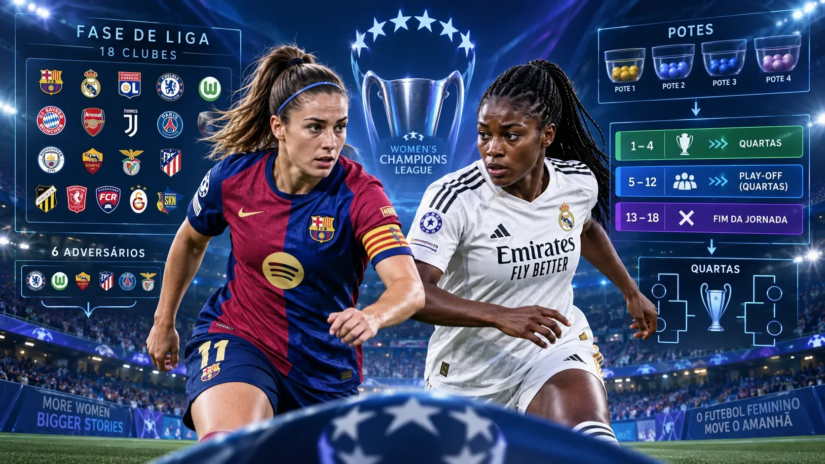 Duas jogadoras com uniformes inspirados em Barcelona e Real Madrid em um estádio, diante de troféu e painéis com 18 clubes, potes e faixas de classificação até as quartas.