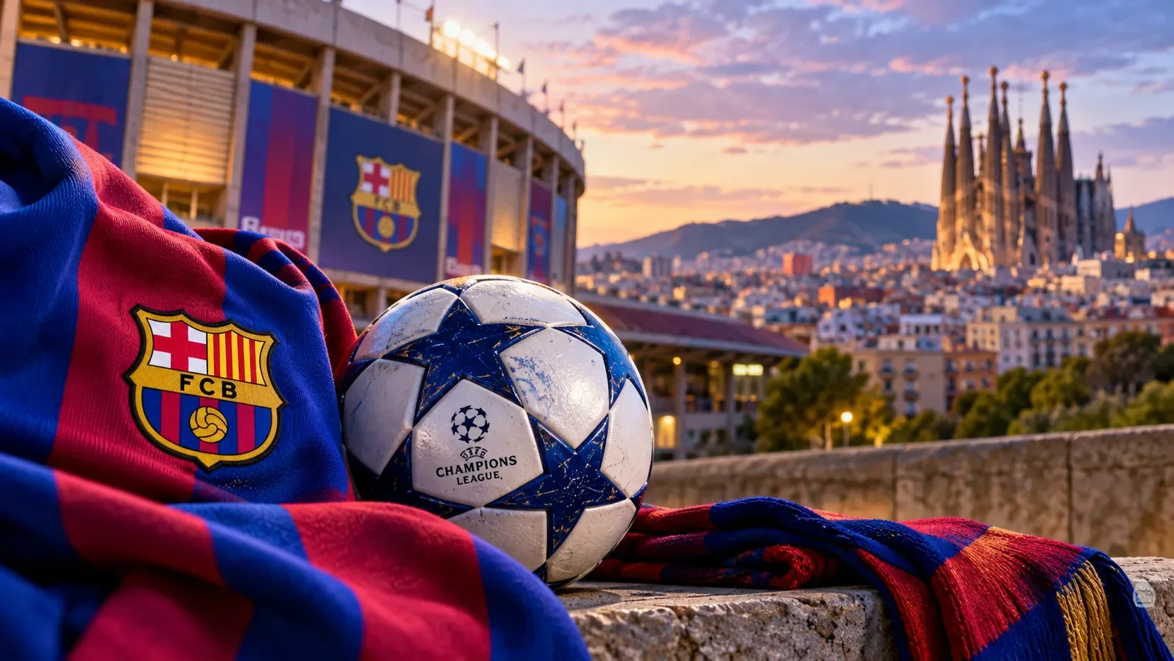 Camisa azul e grená do Barcelona ao lado de uma bola da Champions, com estádio e Sagrada Família ao fundo ao entardecer.