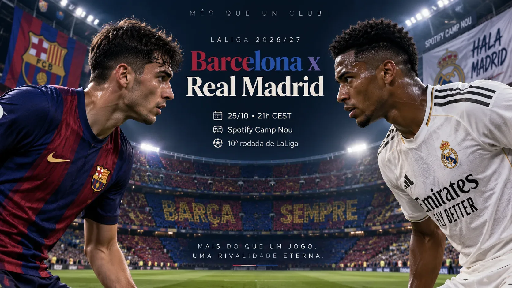 Dois jogadores em confronto, um com uniforme azul e grená e outro de branco, diante de um estádio lotado, com texto central destacando Barcelona x Real Madrid e os dados da partida.