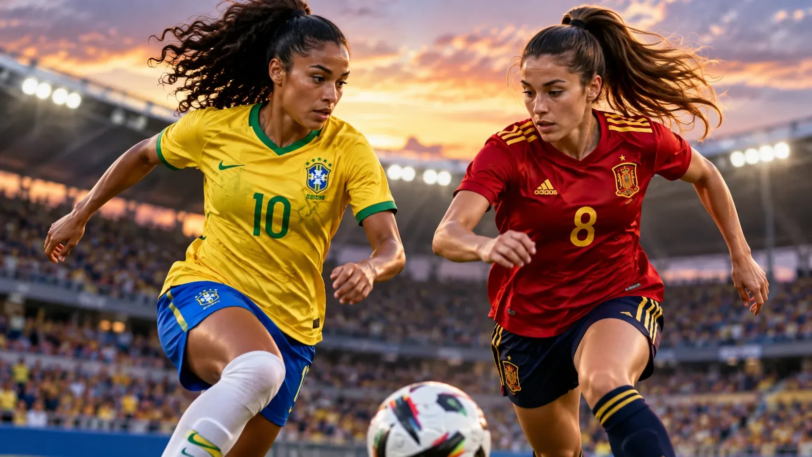 Jogadoras de Brasil e Espanha disputam a bola em um estádio iluminado ao pôr do sol, com uniformes amarelo e vermelho.