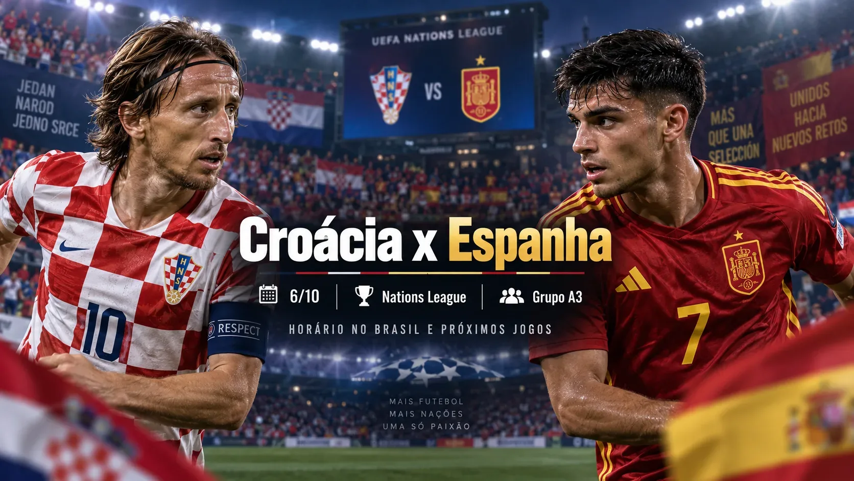 Jogadores de Croácia e Espanha frente a frente em estádio iluminado, com elementos da Nations League e chamadas sobre 6/10, Grupo A3 e horário no Brasil.