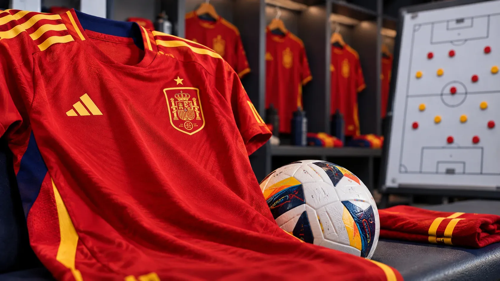 Camisa vermelha da seleção espanhola ao lado de uma bola em vestiário com quadro tático ao fundo