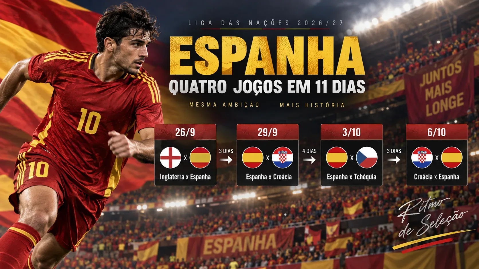 Jogador genérico em uniforme vermelho inspirado na Espanha corre diante de um estádio, ao lado de cartões com as quatro partidas entre 26 de setembro e 6 de outubro.