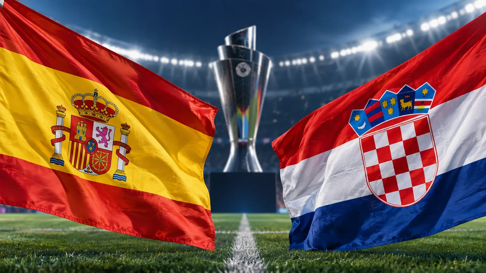 Bandeiras da Espanha e da Croácia diante de um troféu, em estádio de futebol iluminado.