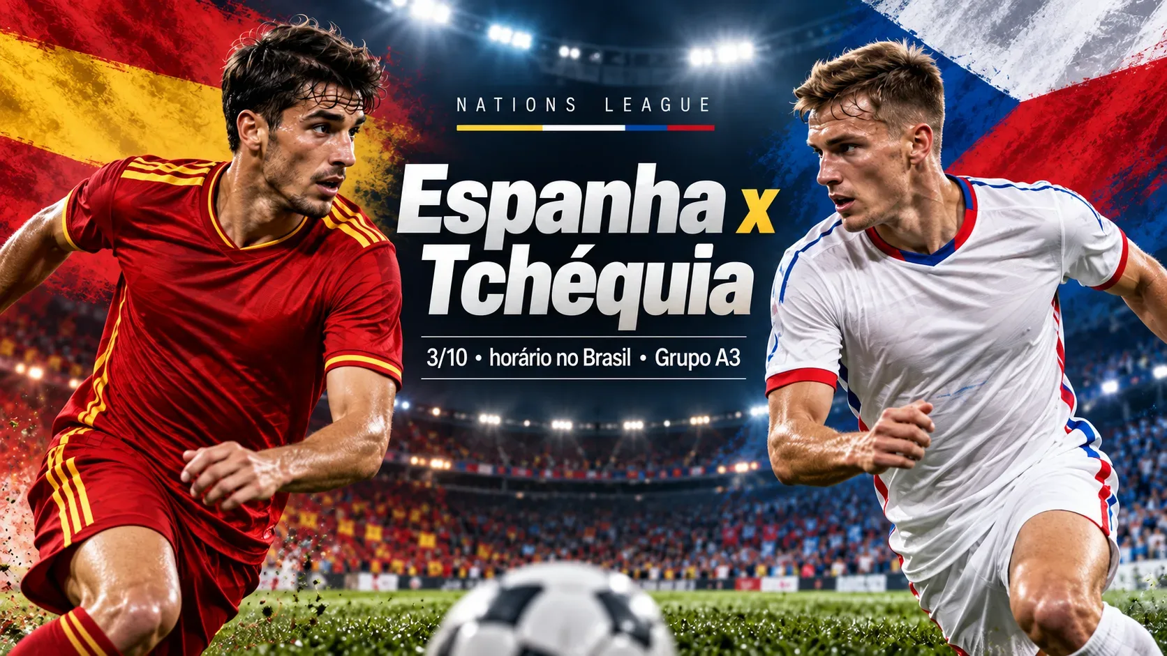 Dois jogadores em uniformes nas cores de Espanha e Tchéquia frente a frente em um estádio iluminado, com bandeiras estilizadas e o título do confronto ao centro.
