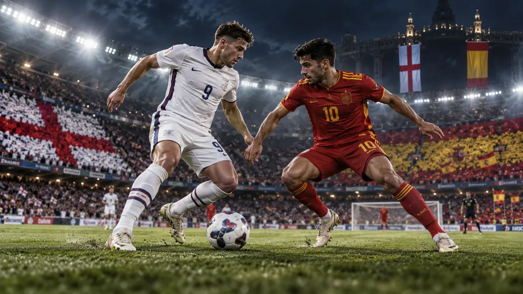 Dois jogadores genéricos, um com uniforme branco inspirado na Inglaterra e outro com uniforme vermelho inspirado na Espanha, disputam a bola sob os refletores de um estádio lotado.