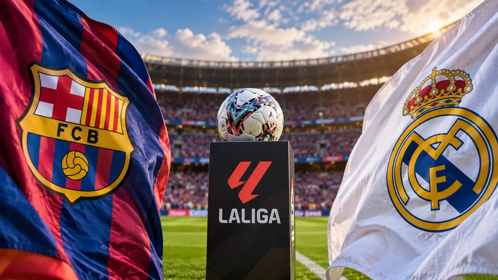 Bandeiras de Barcelona e Real Madrid em lados opostos de um pedestal da LaLiga com uma bola de futebol, diante de arquibancadas cheias.