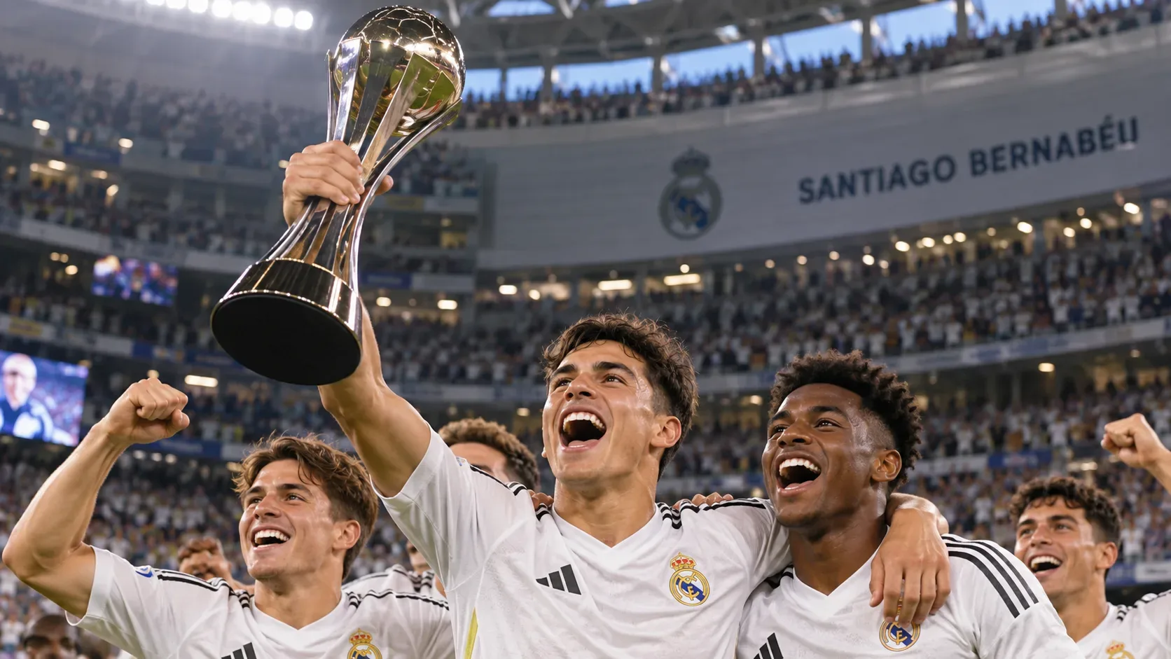 Jogadores jovens do Real Madrid celebram com um troféu diante de arquibancadas lotadas no Santiago Bernabéu.