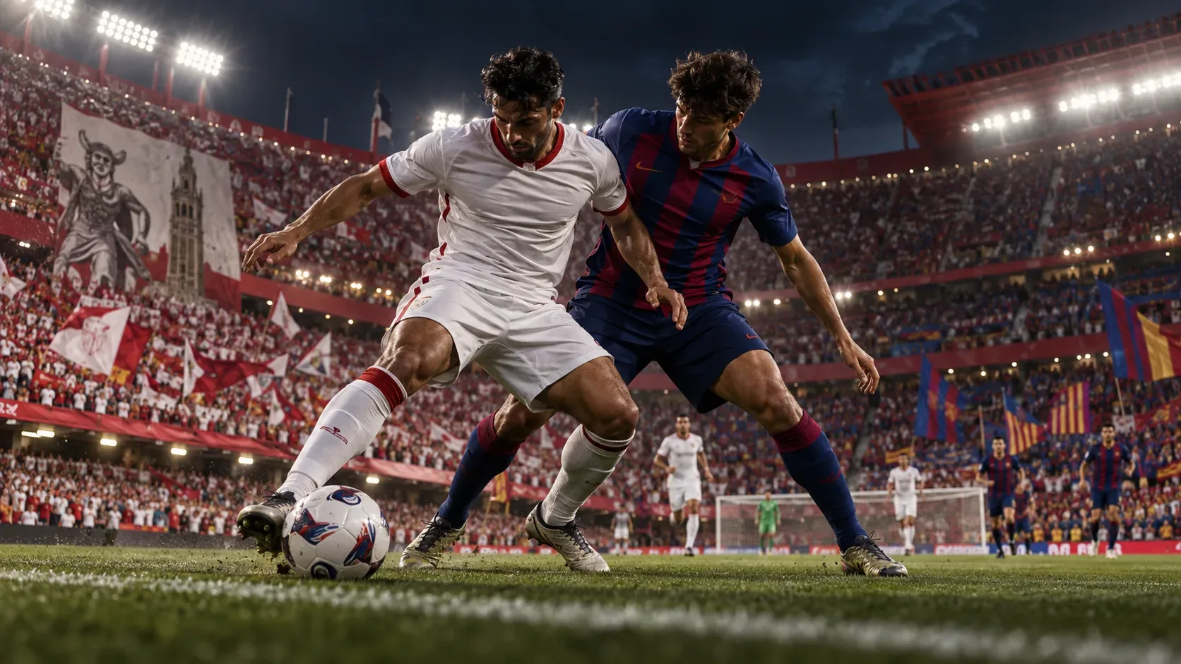 Dois jogadores disputam a bola sob os refletores de um estádio lotado, com uniformes em branco e vermelho e azul e grená.