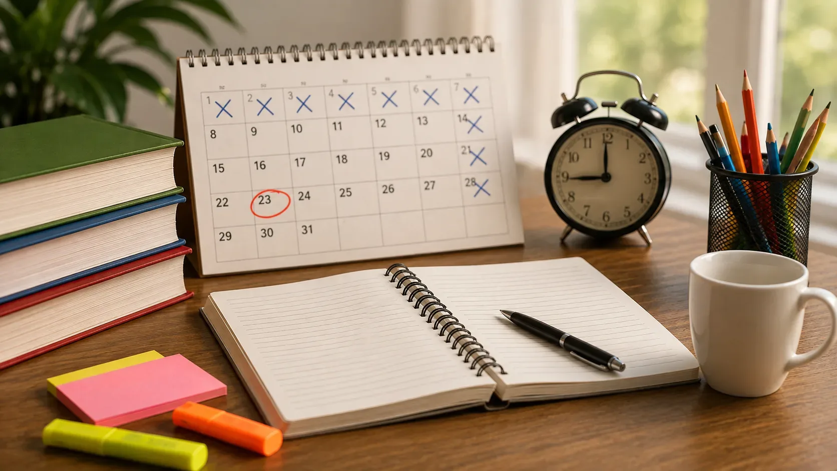 Caderno de estudos aberto ao lado de um calendário usado para organizar os últimos dias de revisão antes do Encceja 2026.