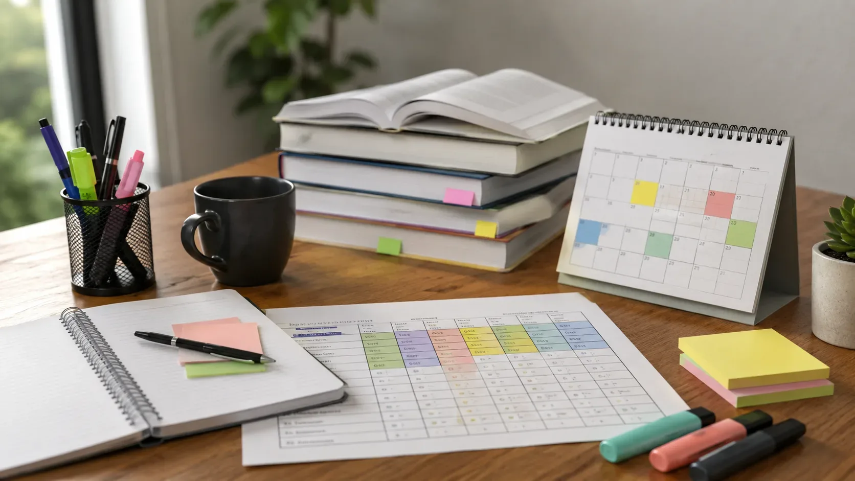 Planilha de erros ao lado de um calendário semanal com blocos de revisão para o Enem