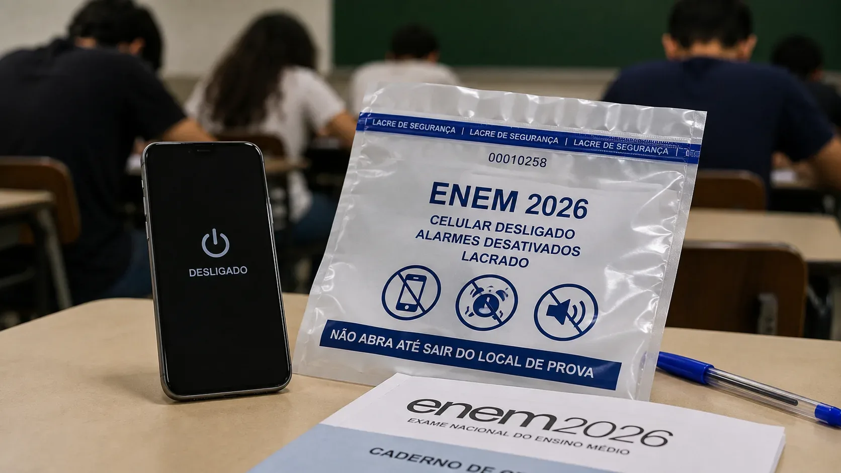 Celular com tela indicando desligado ao lado de envelope de segurança e caderno do Enem sobre carteira, com candidatos ao fundo.
