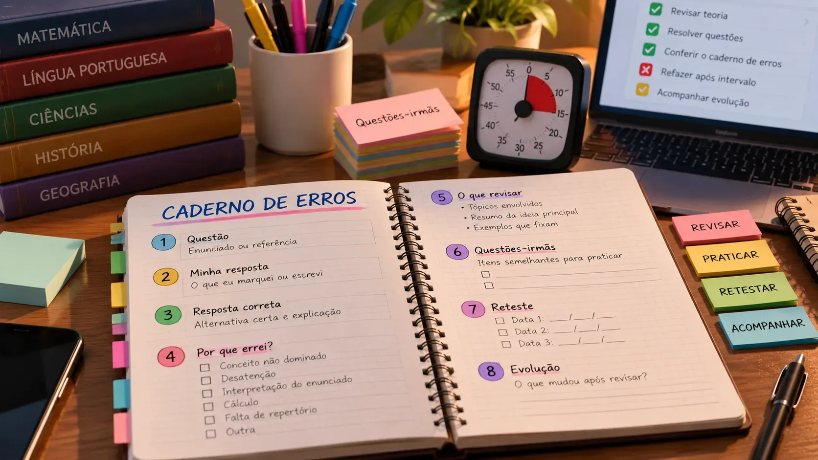 Mesa de estudos com caderno espiral aberto, seções coloridas de correção e reteste, livros, cartões, cronômetro e notebook ao redor.