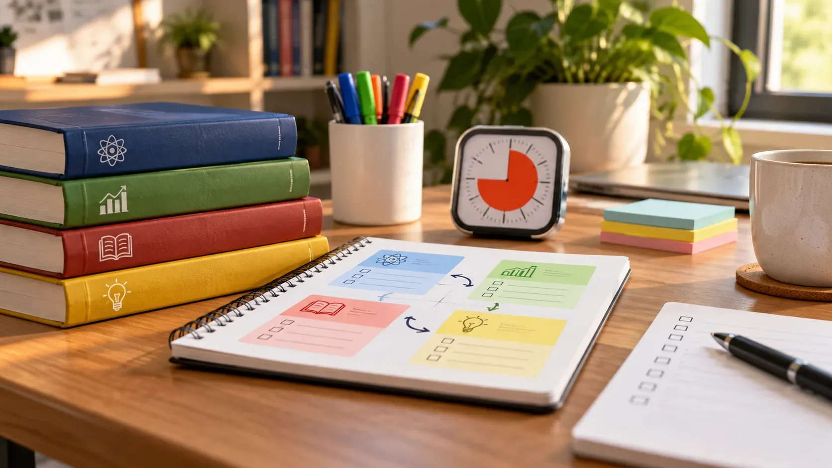 Mesa de estudos iluminada com livros coloridos, caderno de planejamento, temporizador, canetas, notas adesivas e xícara.
