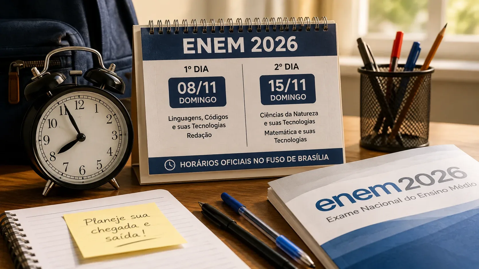 Mesa de estudos com relógio analógico, calendário do Enem 2026 destacando 8 e 15 de novembro, canetas, mochila e caderno de prova.